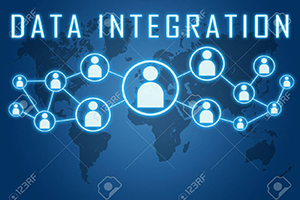 Data Integration Data Integration concept on blue background with world map and social icons.
